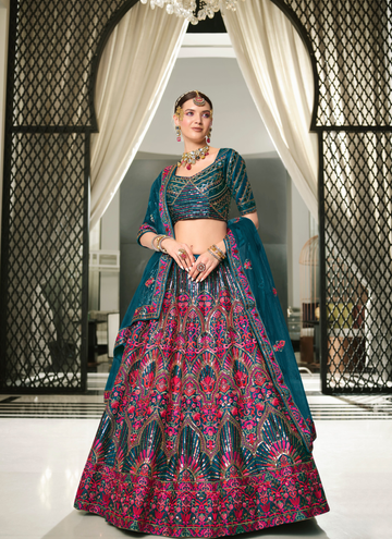 Thread Embroidered Teal Blue Silk Lehenga Choli For Wedding
